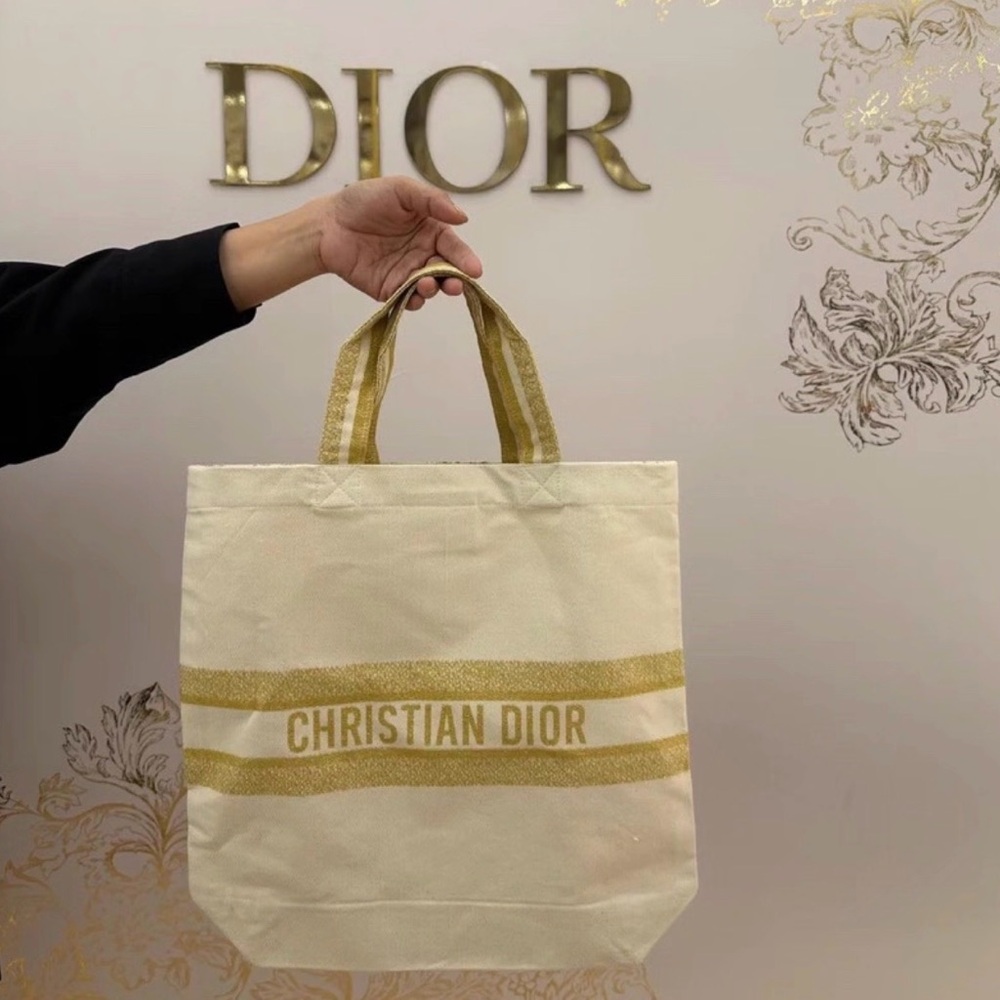 Christian Dior Gold Metallic Cream Embroidered Logo Tote Bag VIP Gift